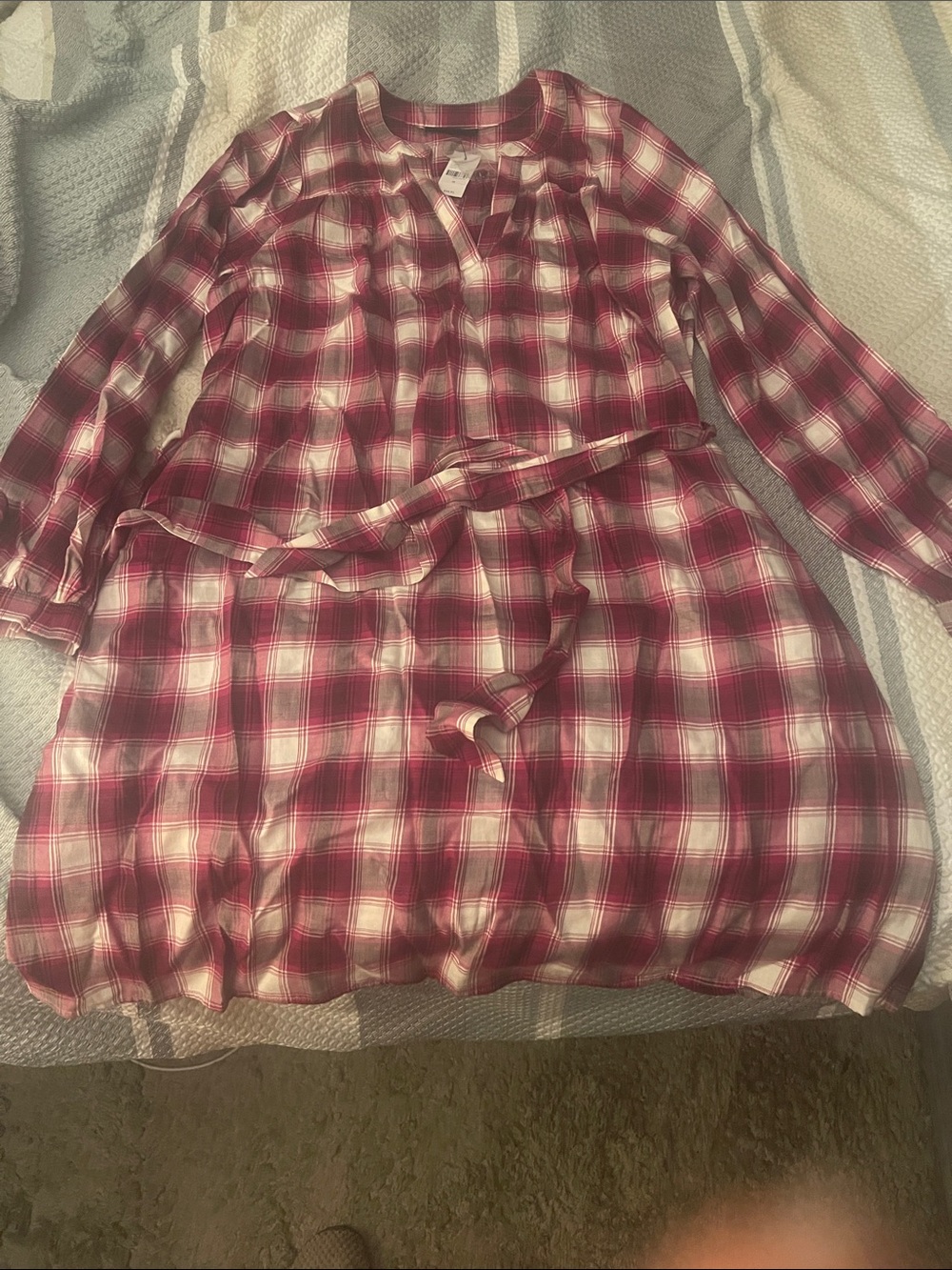 Lane Bryant Hot Pink/Burgundy and White Plaid Long Sleeve Tie-Waist Dress